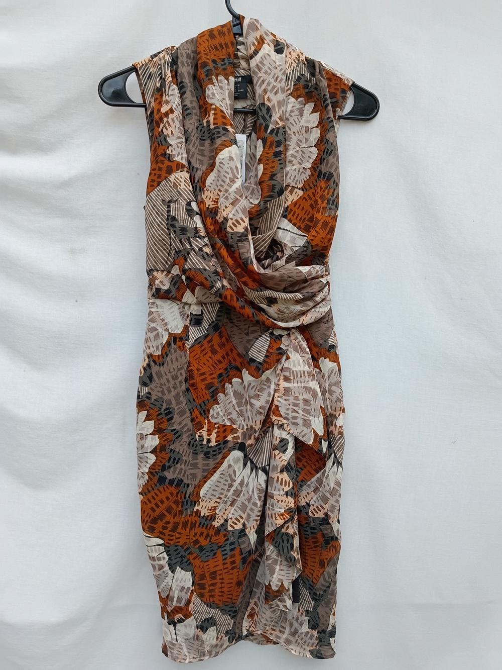 H&M Rust Cream & Gray Floral Draped Midi Dress With Ruffle Panel Office Cocktail
